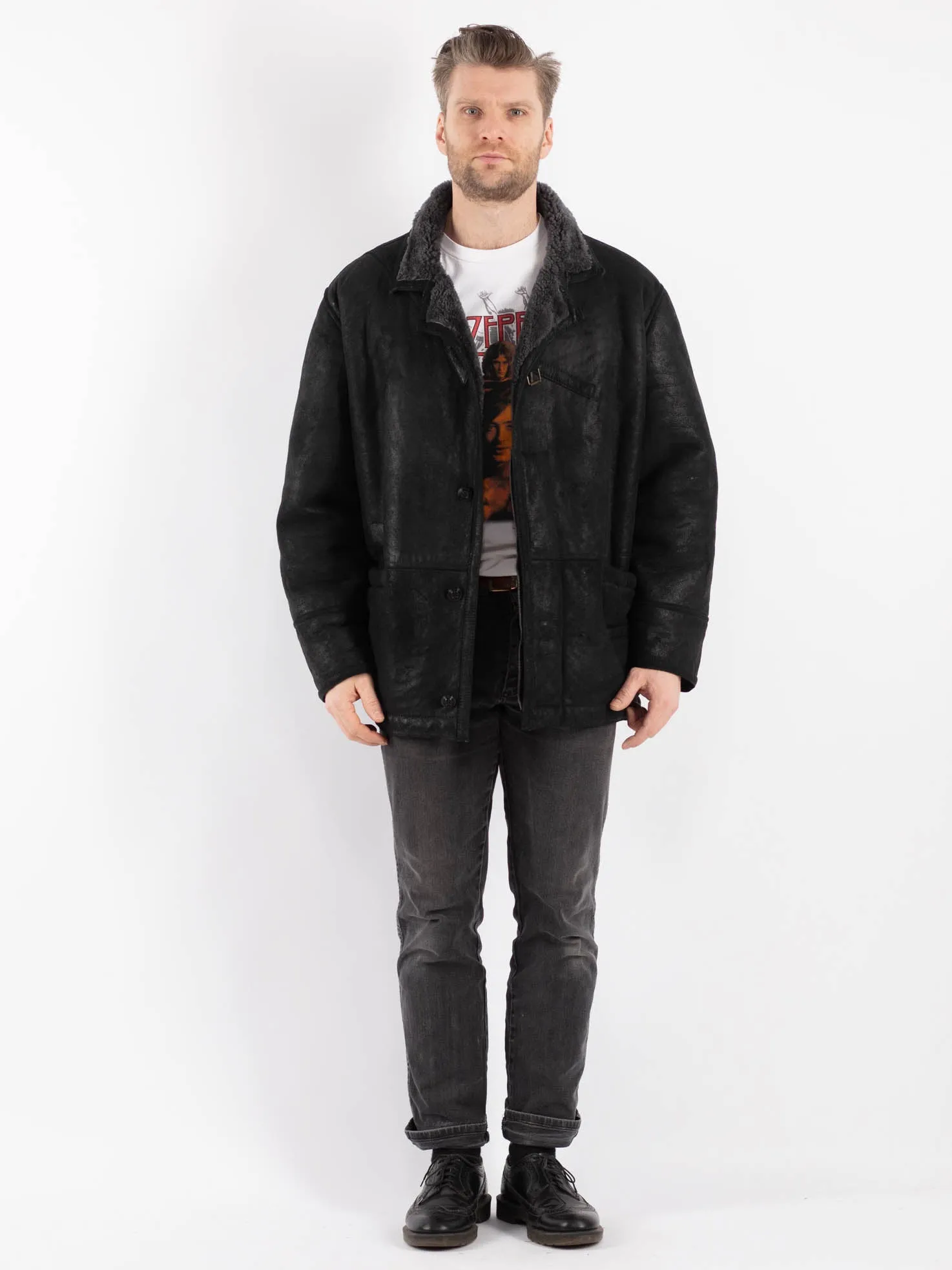 Vintage 70's Men Sheepskin Shearling Jacket in Black
