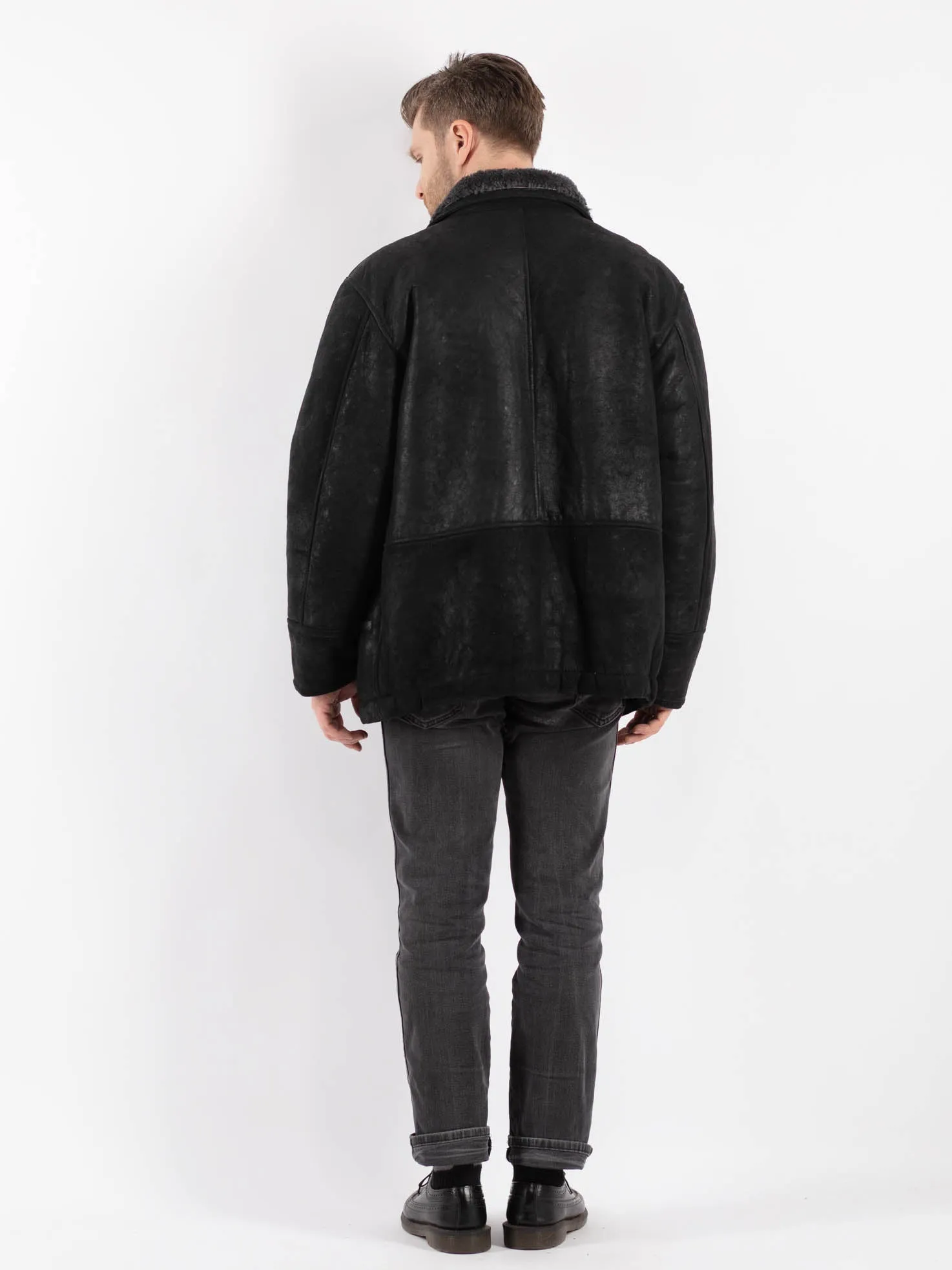 Vintage 70's Men Sheepskin Shearling Jacket in Black