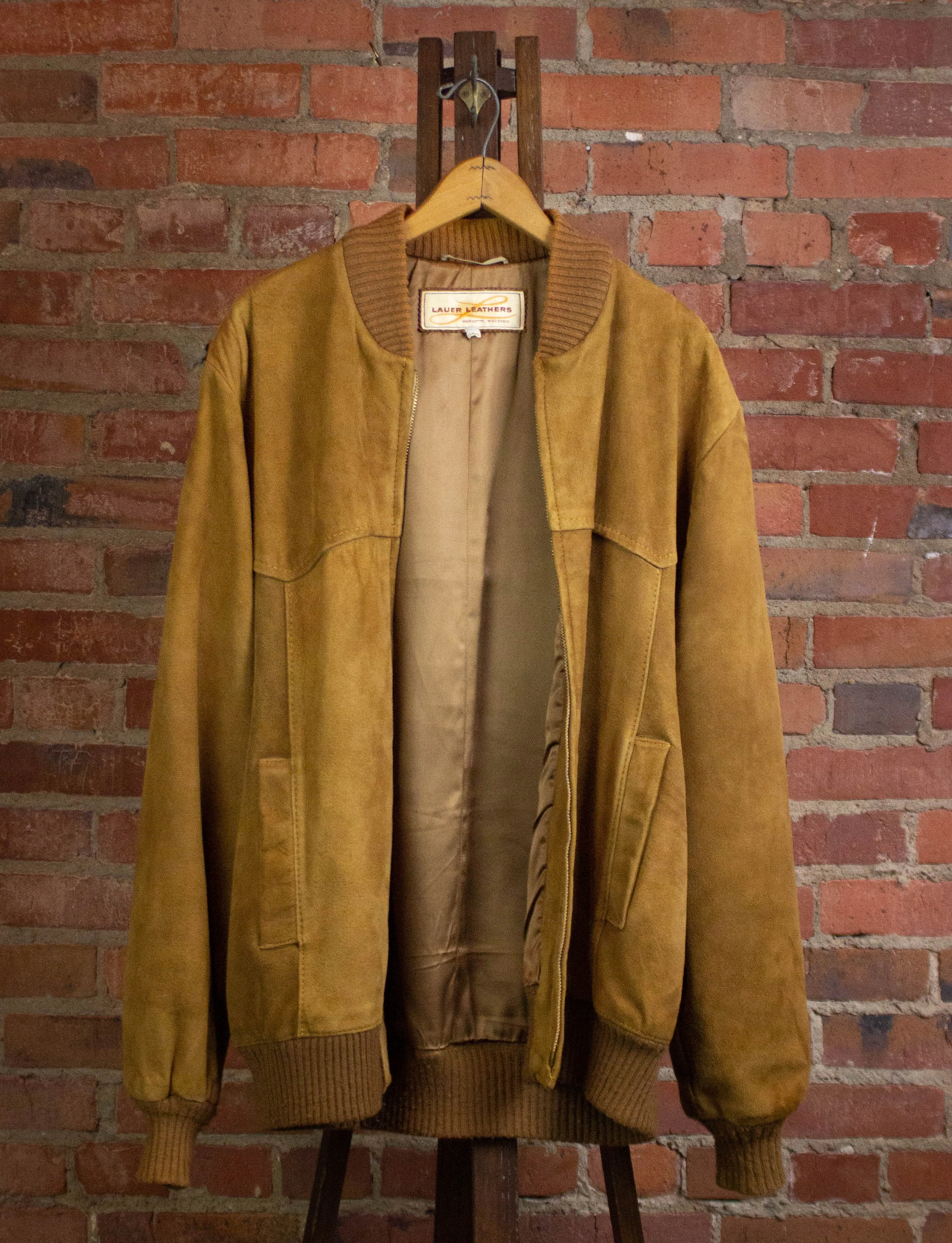 Vintage Lauer Leathers Suede Bomber Jacket Tan Size 46L