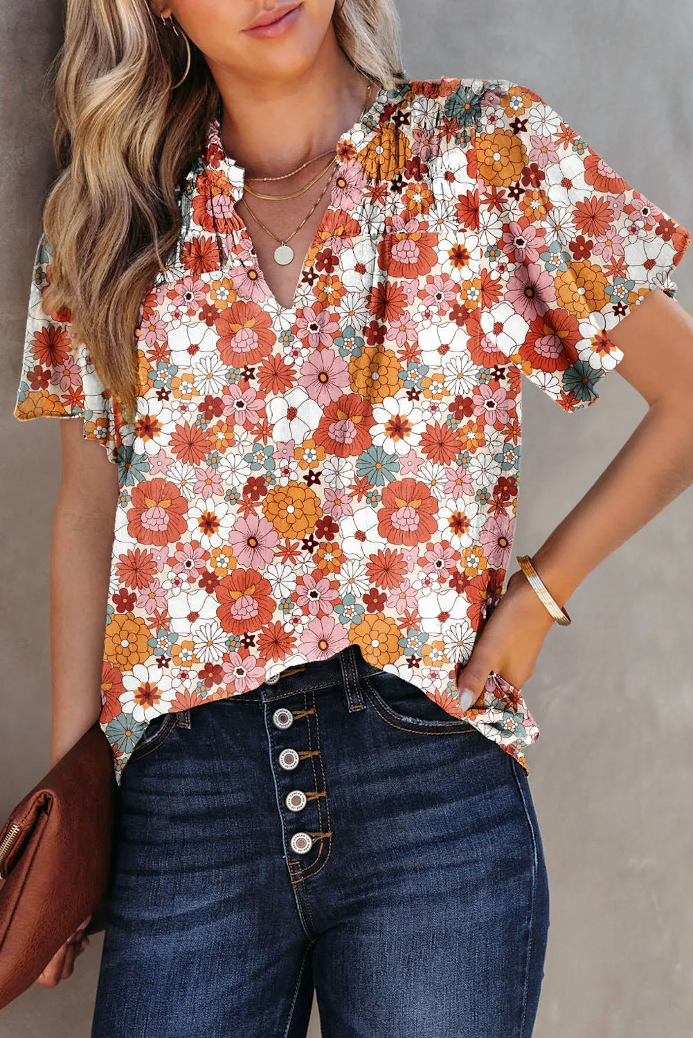 Women's Casual V Neck Floral Print Smocked Short Sleeve Chiffon Blouses