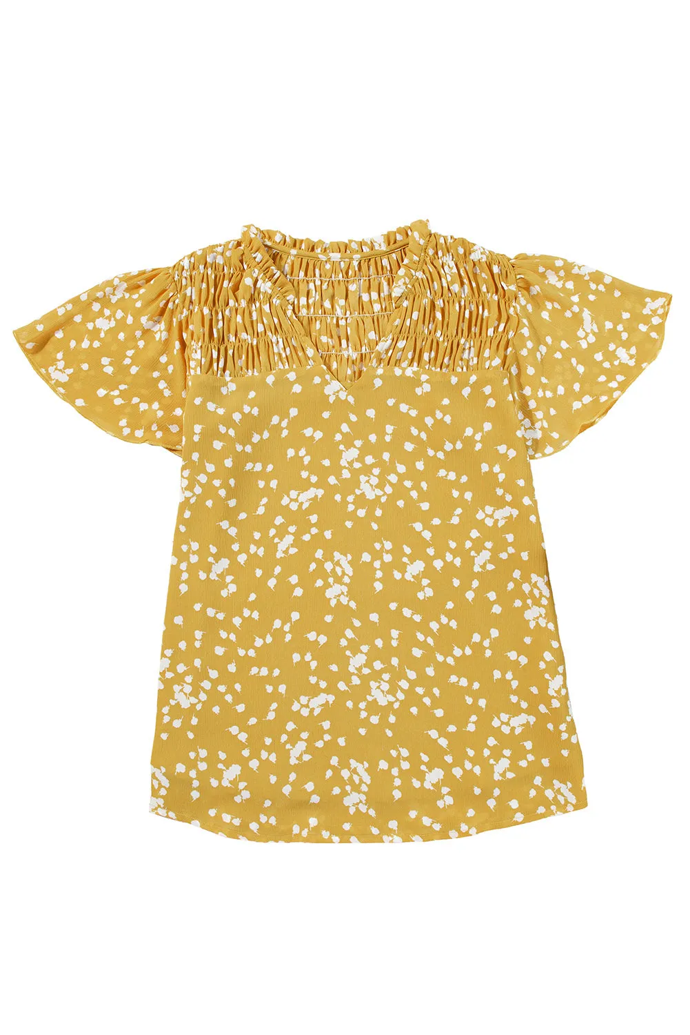 Women's Casual V Neck Floral Print Smocked Short Sleeve Chiffon Blouses