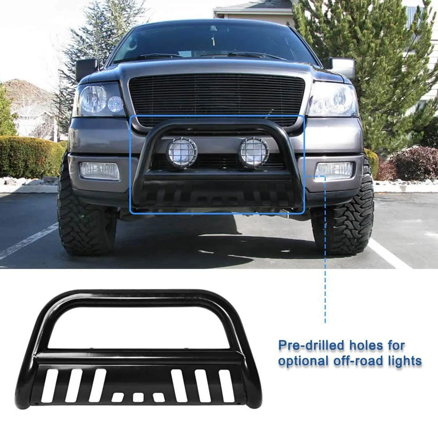 YITAMOTOR® 2004-2023 Ford F150 Black Bull Bar Push Brush Front Bumper Grille Guard with Skid Plate